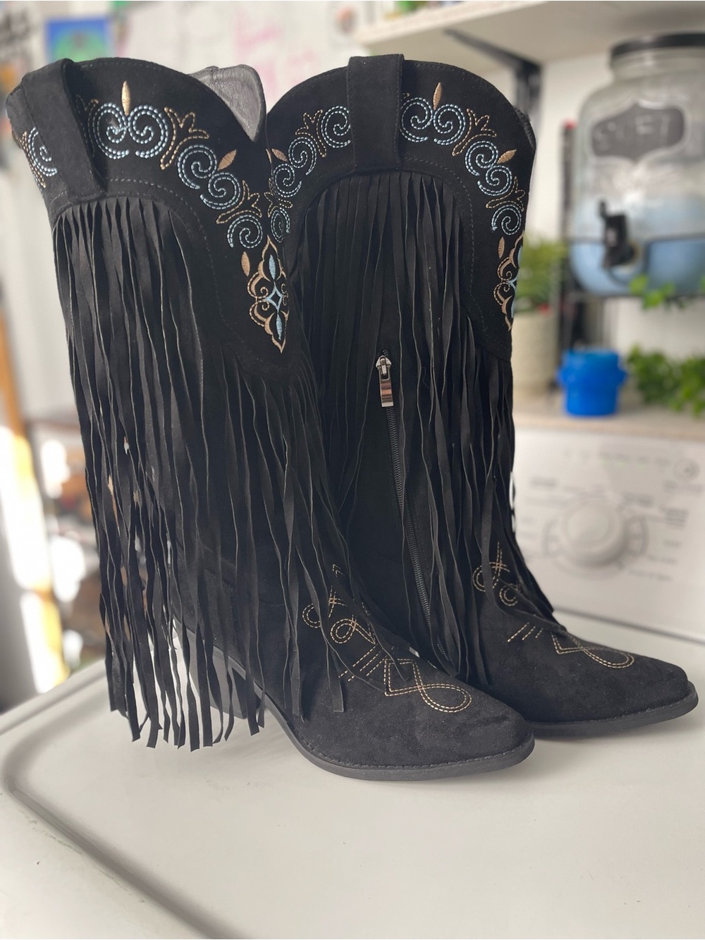 ISNOM NEW Black Fringe Western Boots with Embroidered Accents